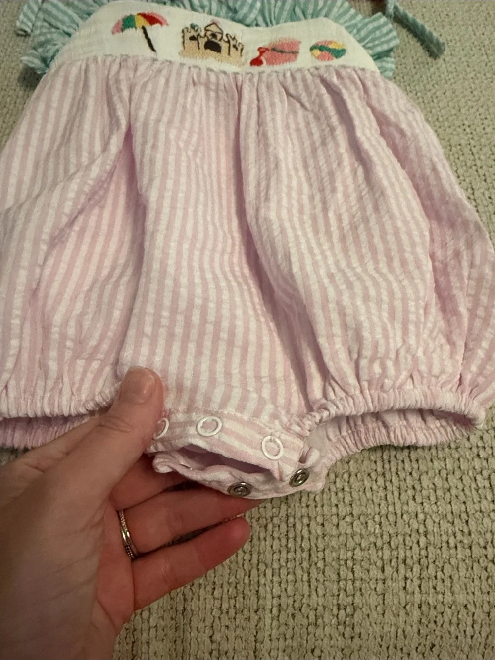 Pink Seersucker Baby Bubble Romper with Beach Embroidery smocked